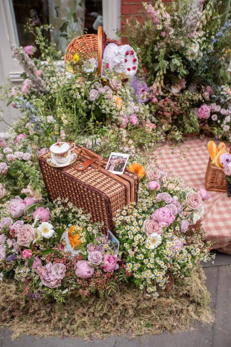 an arrangement of flowers and baskets on the ground