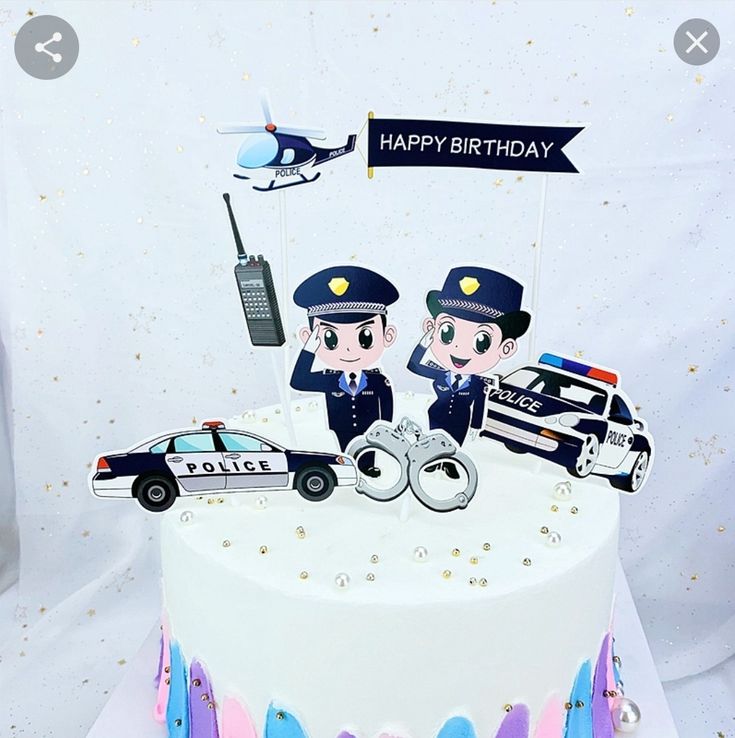 a birthday cake with two police officers on top and an air plane in the background