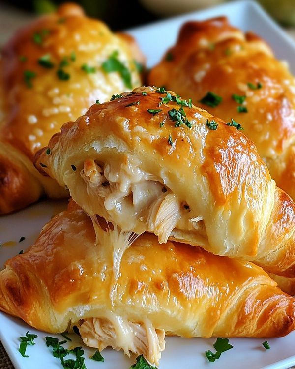 three croissants with meat and cheese on a plate