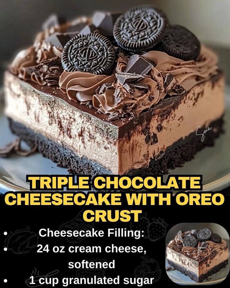 Triple Chocolate Cheesecake with Oreo Crust Oreo Cookie Cheesecake Recipe, Vanilla Oreo Cheesecake, Chocolate Cheesecake Recipe Easy, Oreo Crust Recipe, Cheesecake With Oreo Crust, Chocolate Oreo Cheesecake, Oreo Crust Cheesecake, Vanilla Oreo, Triple Chocolate Cheesecake