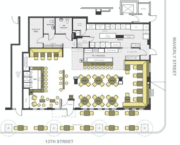 the floor plan for an open air restaurant with seating areas and tables, along with two dining