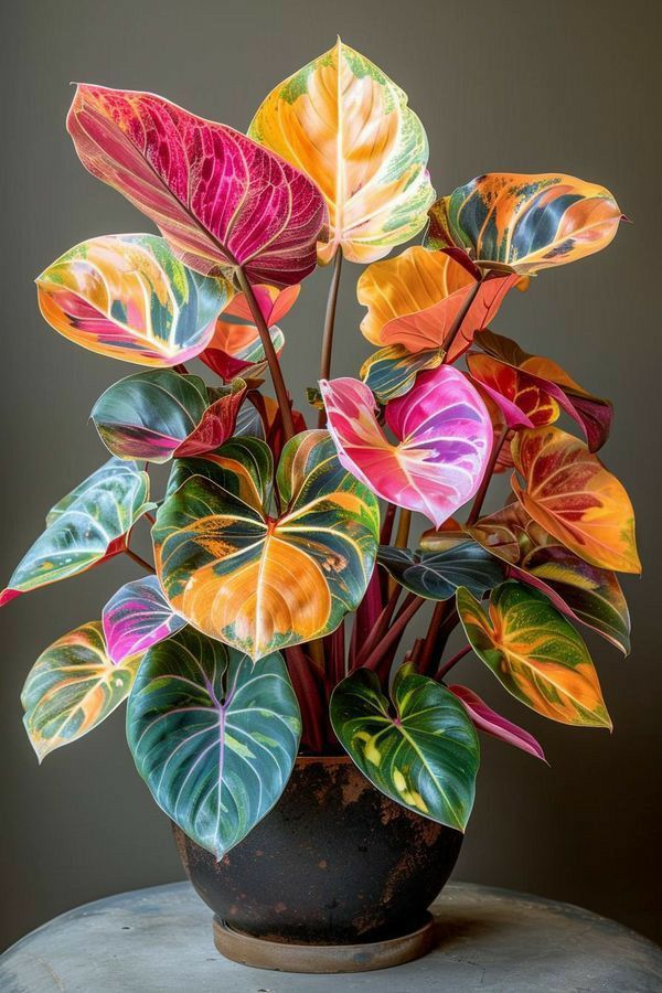 a potted plant with multicolored leaves on a table