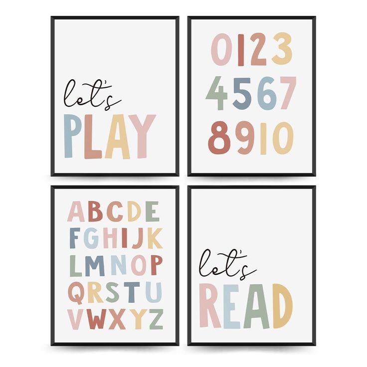 four posters with different font and numbers on them, each in different colors to match the theme