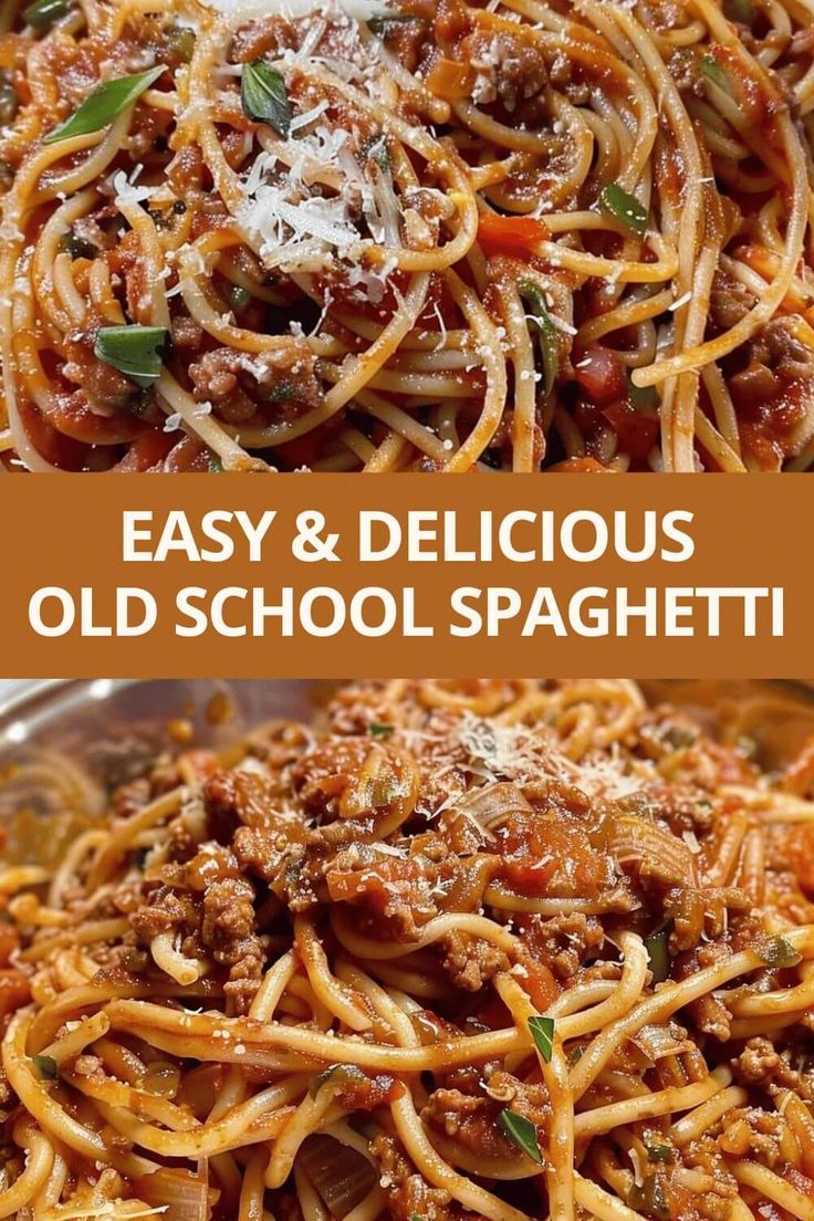 spaghetti with meat and sauce in a skillet on the side, and an easy and delicious old school spaghetti recipe