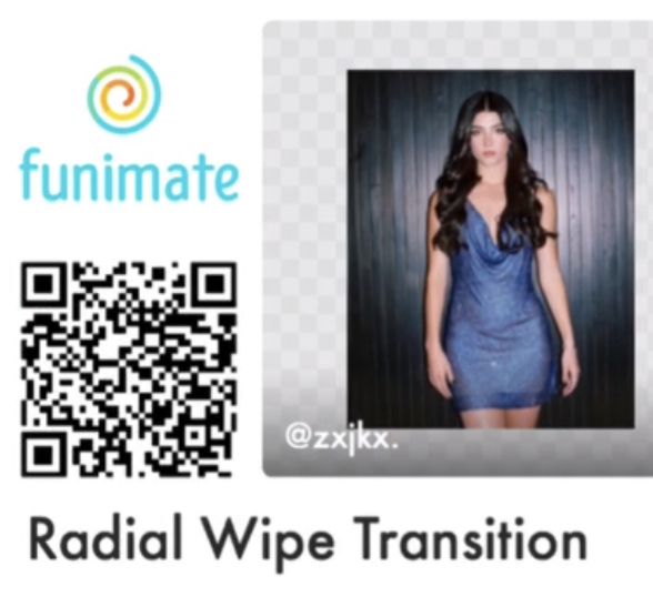 a woman in a blue dress with qr code on her face and the caption reads radial wipe transition