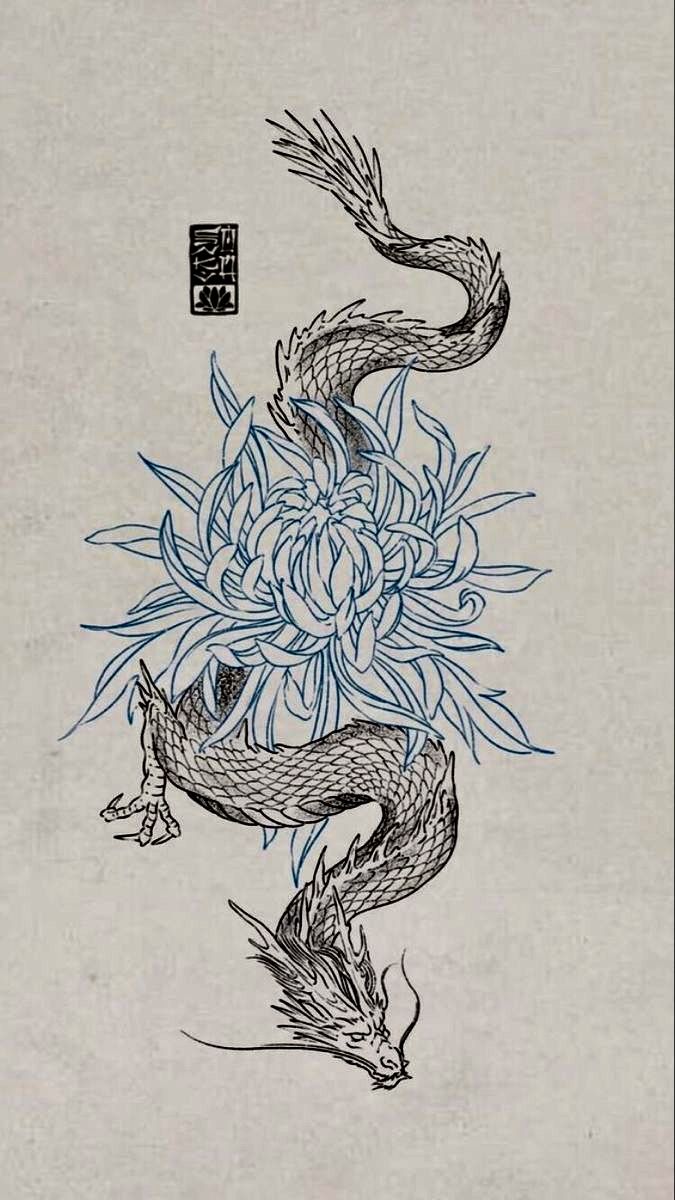 an ink drawing of a dragon with flowers in it's mouth and two birds flying around