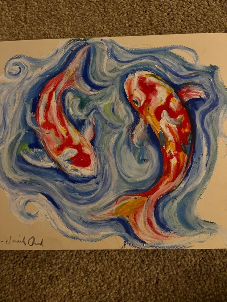 a drawing of two koi fish swimming in the water, with blue and red swirls