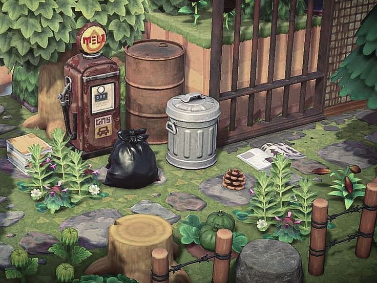 a painting of trash cans and other items on the ground in front of a fence