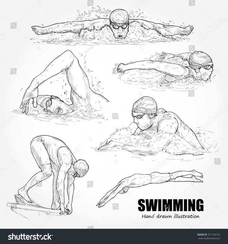 hand drawn illustrations of swimmers in the water, swimming and diving stock photo - 717