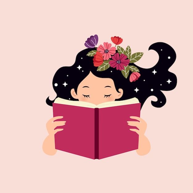 a girl reading a book with flowers on her head and stars in the sky above her