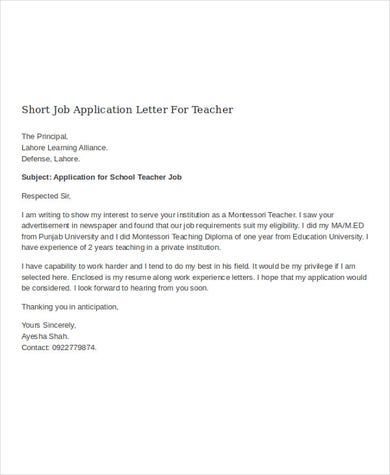 a teacher appreciation letter to her student with the words'short job application letter for teacher '