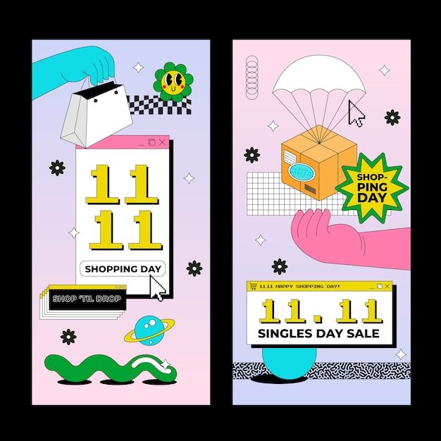 two vertical banners with an image of a shopping bag and the words singles day sale on them