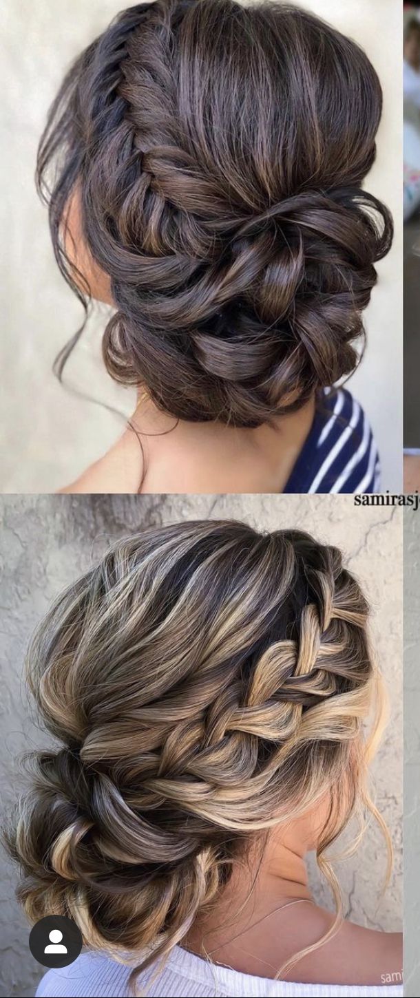 Bride Wedding Day Hairstyles, Up Dos For Medium Hair Braids, Bridesmaid Hair Brown Medium Length, Prom Hair Updo Brown Hair, Braids Maids Hair Styles, Shoulder Length Hair Wedding Updo, Bridesmaid Updo For Long Hair Brunette, Bun With Braid Wedding Hair, Brides Maids Hairstyles Down