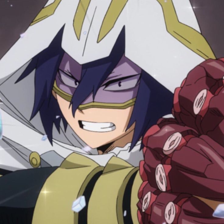 an anime character with purple hair and gold armor holding his hand up in front of him