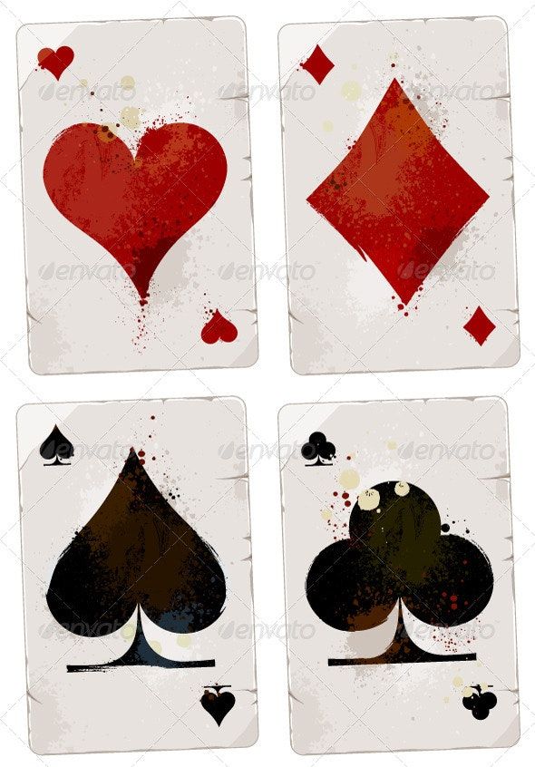 four playing cards with hearts and spades on them, in grungy style