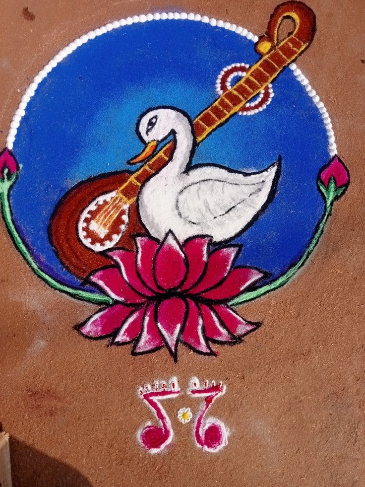 a painting on the ground with a guitar and flower