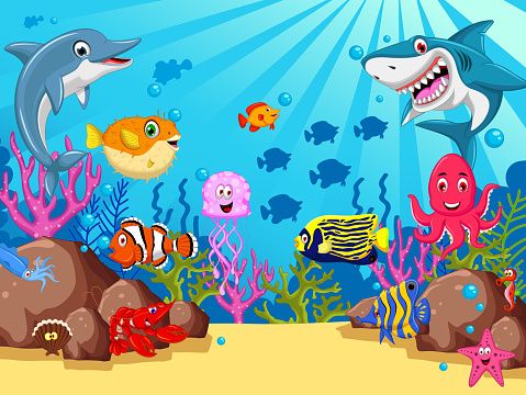 an underwater scene with fish, sharks and other marine creatures stock photo - 957982