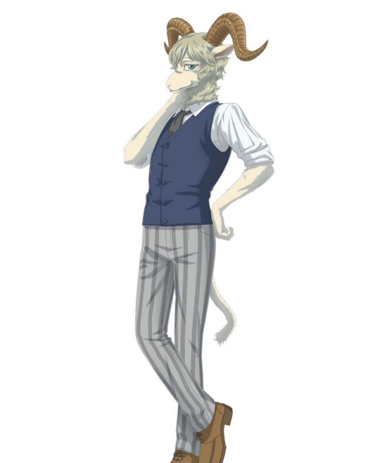 an anime character with horns on his head and pants, standing in front of a white background