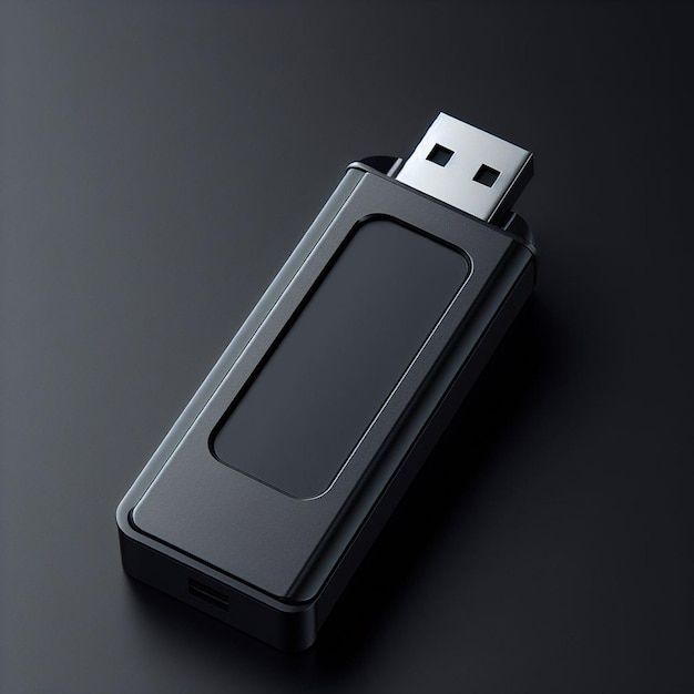 an electronic device with a usb attached to it's side on a black surface