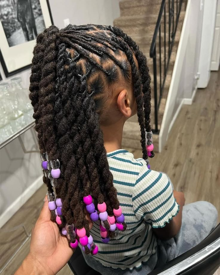 Kid Dread Styles, Girl Loc Styles Kids, Kid Friendly Hairstyles Black, Toddler Locs Girl, Dread Hairstyles For Kids, Little Black Girls Loc Styles, Loc Styles For Girls Kids, Thick Loc Hairstyles, Dreadlock Hairstyles For Kids