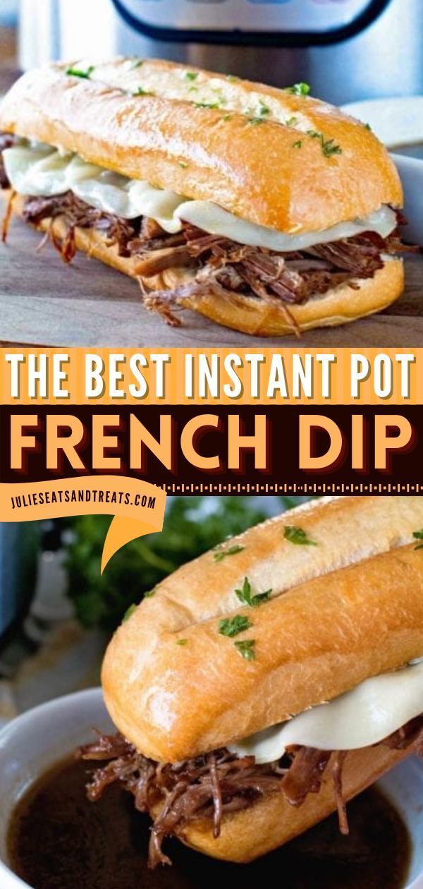 two french dip sandwiches on a plate with an instant pot roast in the background