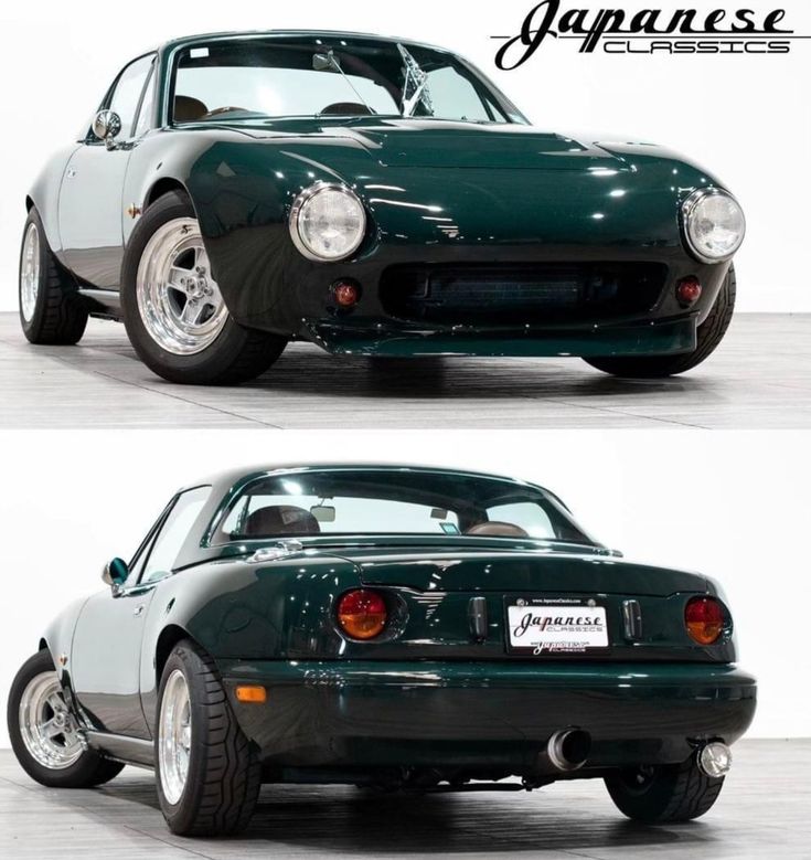 two pictures of the front and side of a green sports car