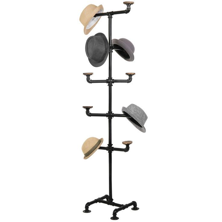 PRICES MAY VARY. Freestanding hat rack for retail display, entryways or waiting rooms 10 rounded display hooks hold a variety of winter, sun, baseball or bowler hats Outstretched hanging racks can be used to store scarves, handbags, and other fashion accessories as well Matte black metal pipe and fittings design, and torched wood accent, create an industrial modern look **Some assembly required** Approximate Dimensions: 13.4 W × 13.4 D × 62.6 H (in inches) Great for a retail store, or for the he Baseball Cap Rack, Display Hooks, Wood Hat, Cap Rack, Pipe Rack, Hanging Hats, Standing Coat Rack, Hanger Organizer, Hat Holder