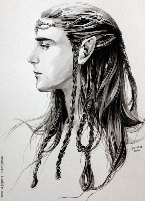 a drawing of a girl with long hair and braids on her head, looking to the side