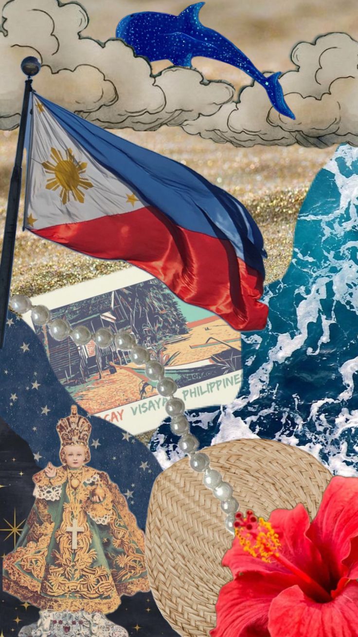 a collage of flags, pictures and other items in the ocean with waves crashing