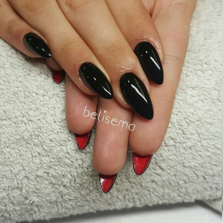 Louboutin Nails Almond, Black Nail Red Under, Black Nails With Red Bottoms Almond, Red Bottom Almond Nails, Black Nail Red Bottoms, Black Nail With Red Under, Louboutin Nails Stilleto, Red And Black Prom Nails Acrylic, Short Red Bottom Acrylic Nails