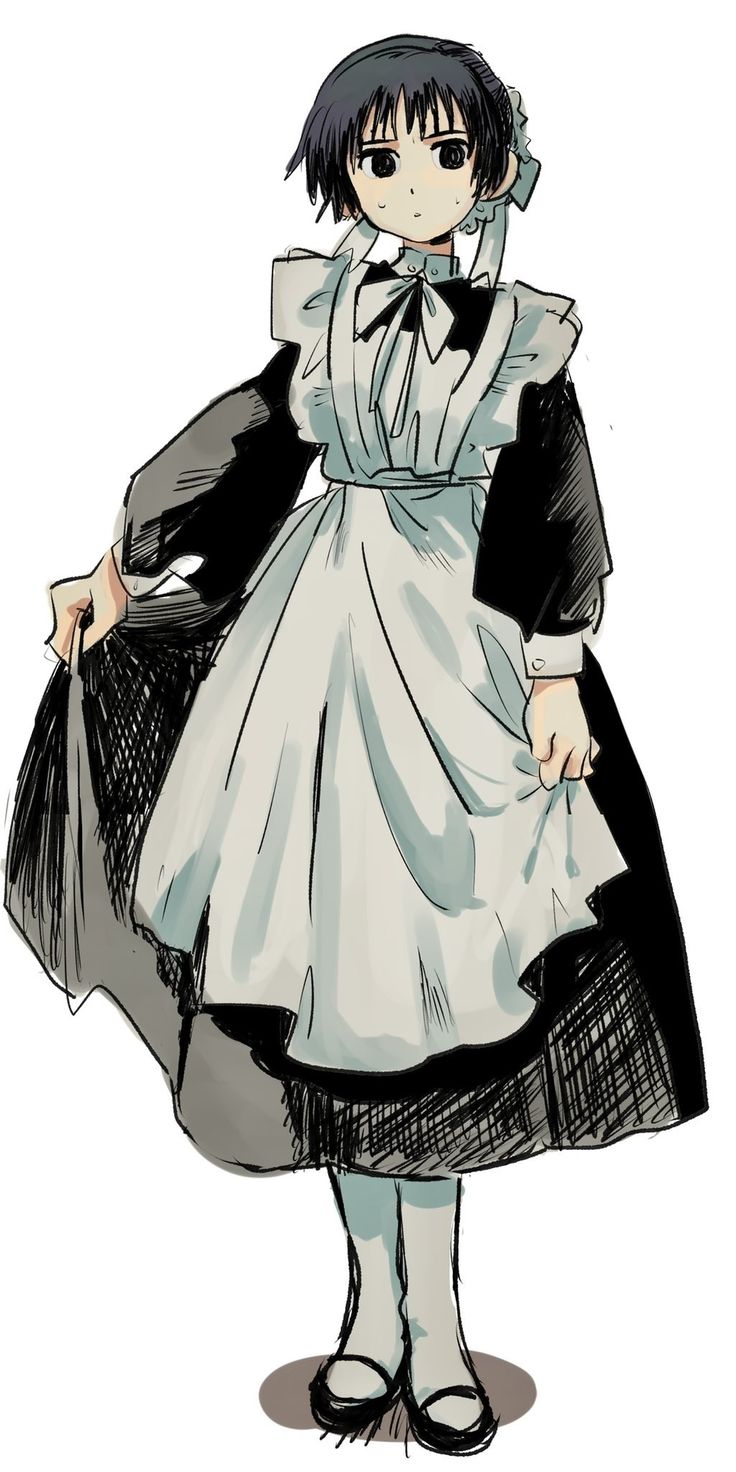 a drawing of a woman in a white dress with black hair and an apron on