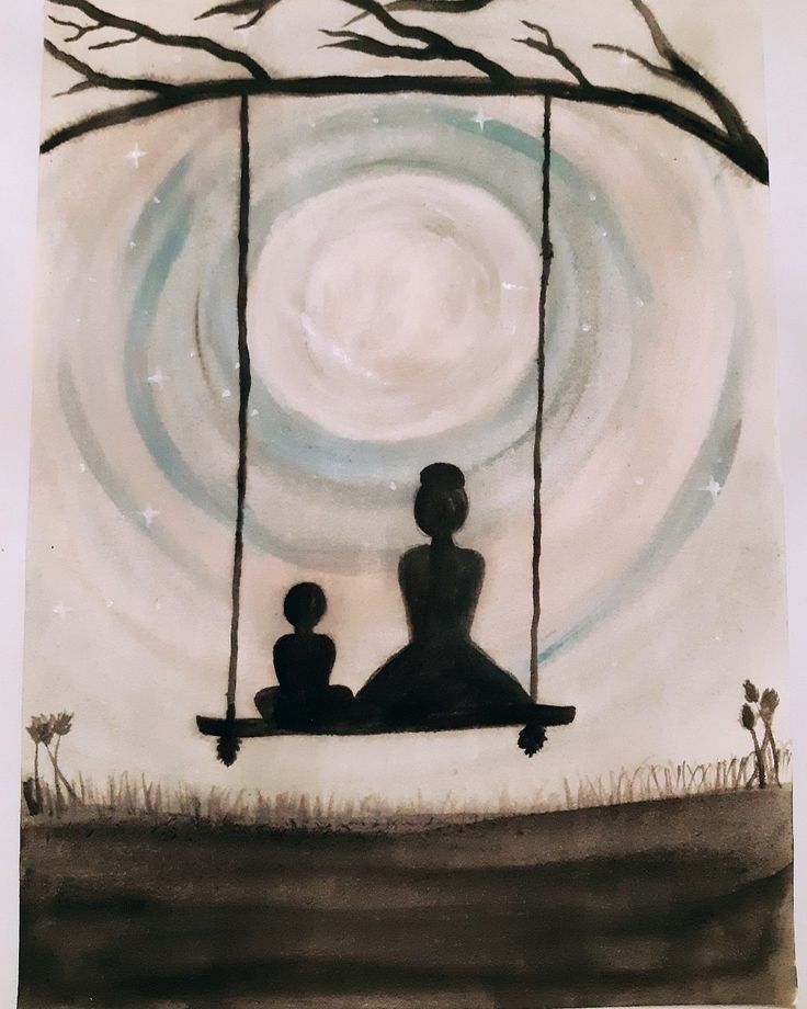 a painting of two people sitting on a swing