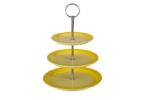 three tiered cake stand with yellow plates on each plate and silver ring around the edge