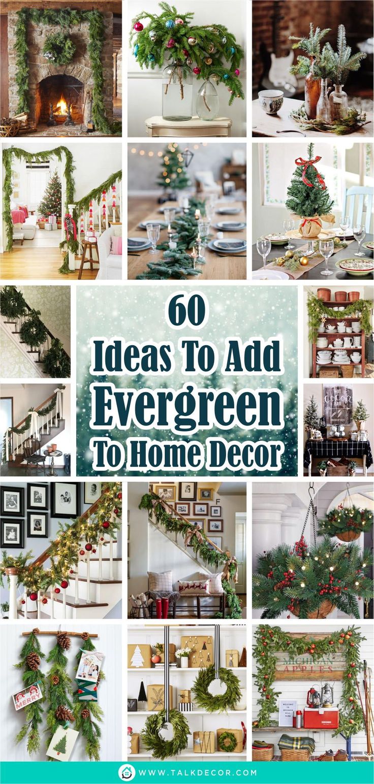 christmas decorations are featured in this collage with the words 60 ideas to add evergreen to home decor