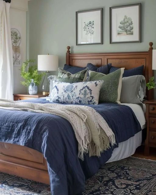 a bedroom with blue and white bedding, two pictures on the wall above the bed