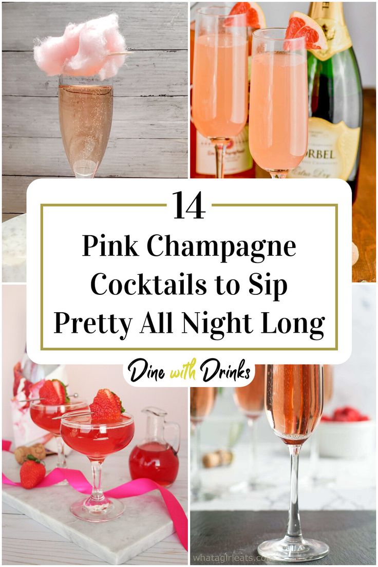 Collage of 4 pink champagne cocktails. Pink Drinks With Champagne, Pink Champagne Punch Recipes, Pink Champagne Cocktails, Pink Cocktails Recipes Party Punches, Pink Prosecco Cocktail, Rose Champagne Cocktail, Pink Champagne Cocktail, Champagne Drink Ideas, Pink Moscato Drinks