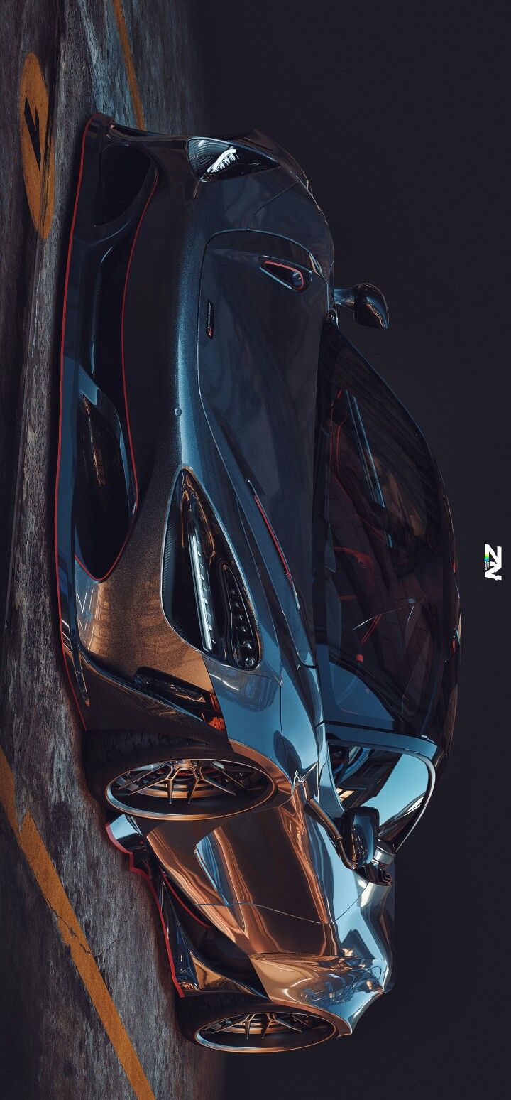 an aerial view of a futuristic car with its hood up and the top down, in front of a dark background