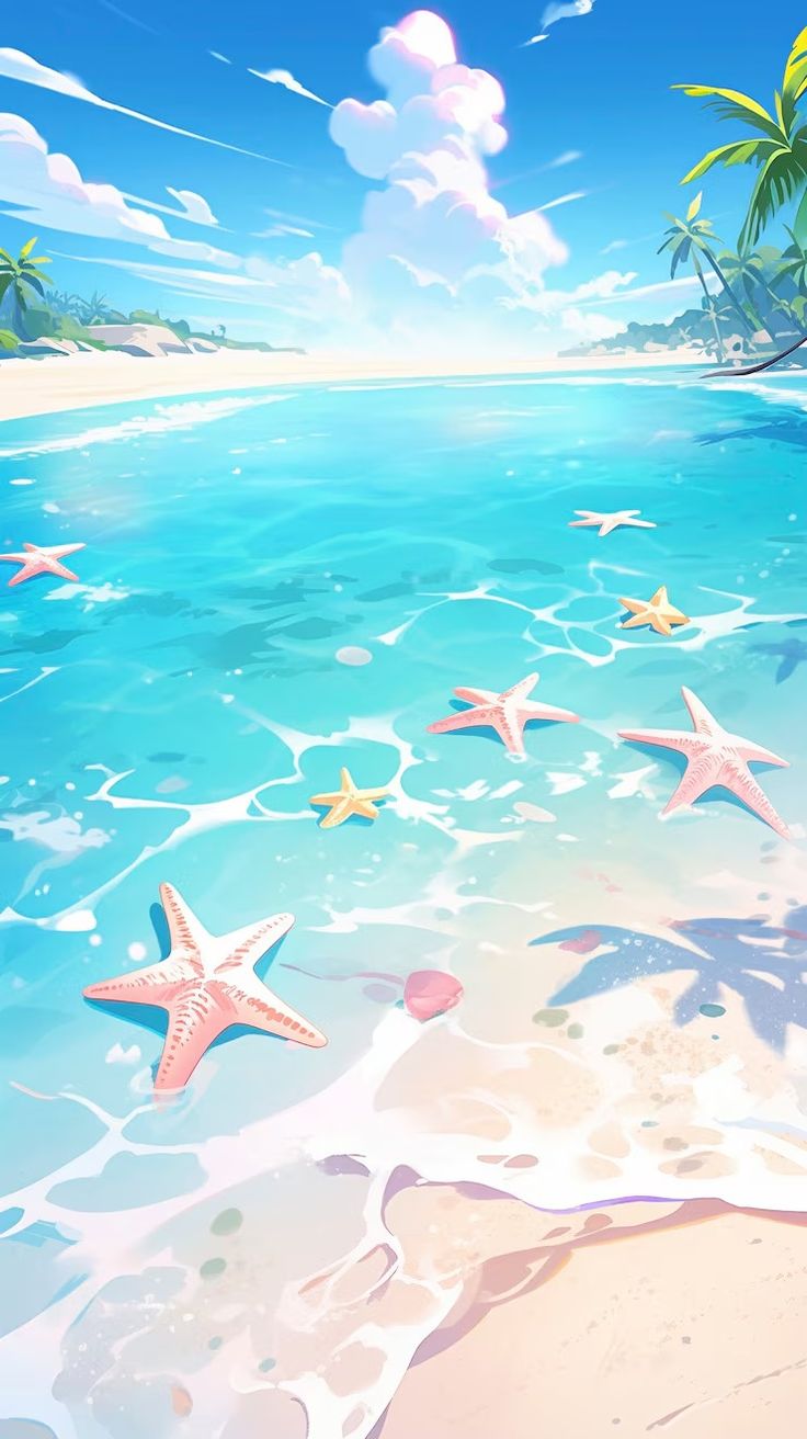 starfish on the beach with palm trees in the background