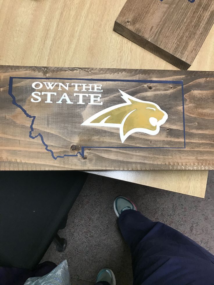 a wooden sign that says own the state with a mountain lion on it and someone's feet standing next to it