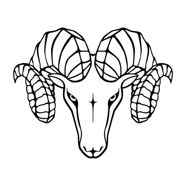 a ram's head with large horns and long horns