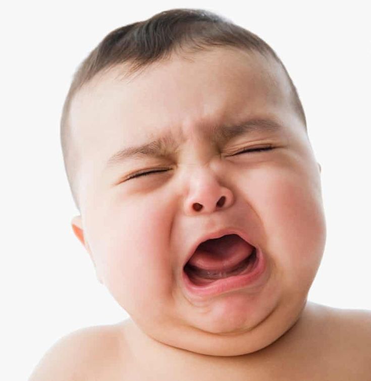 a baby crying with his eyes closed and mouth wide open in front of white background