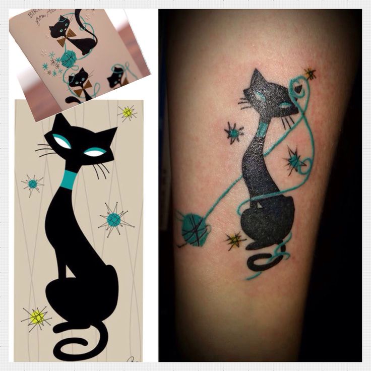 two pictures one with a black cat and the other with blue eyes, both have tattoos on their arms