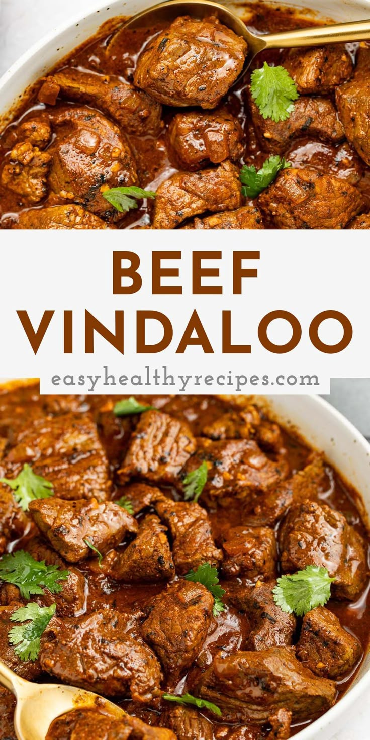 beef vindalloo in a white bowl with a spoon