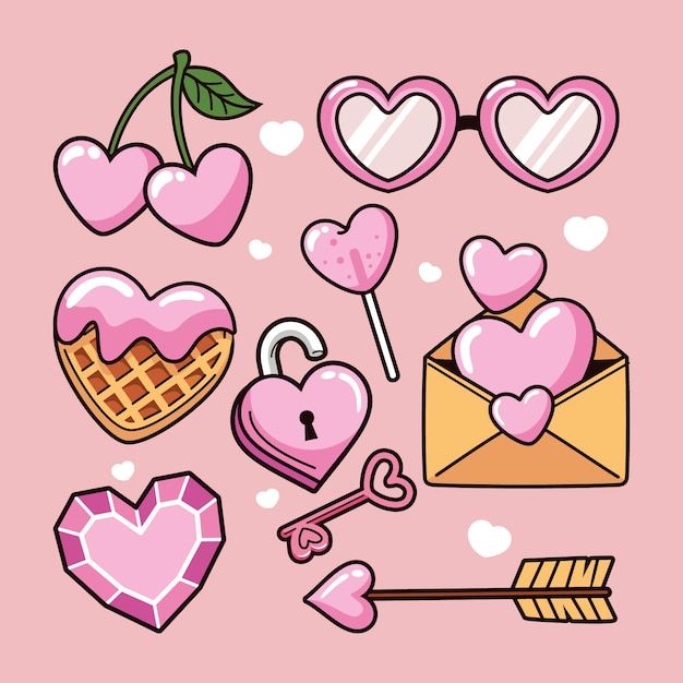 valentine's day clipart set with hearts, ice cream and heart shaped lollipops