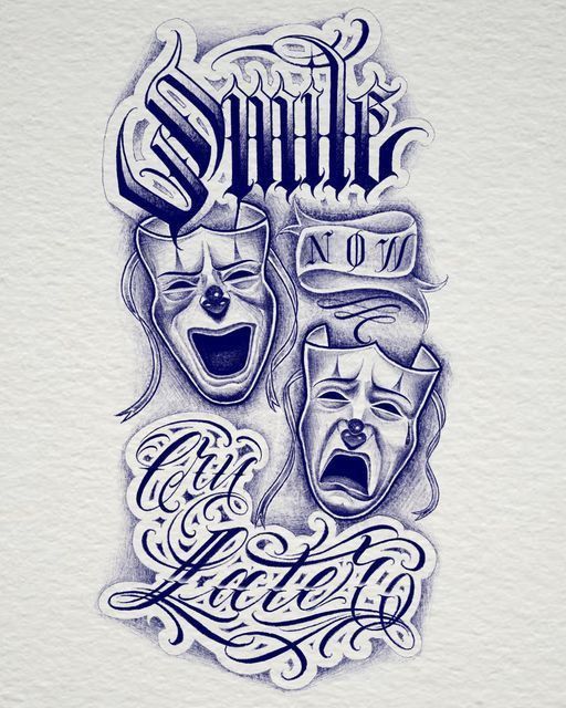 some type of tattoo design with two clowns and the words smile no evil on it