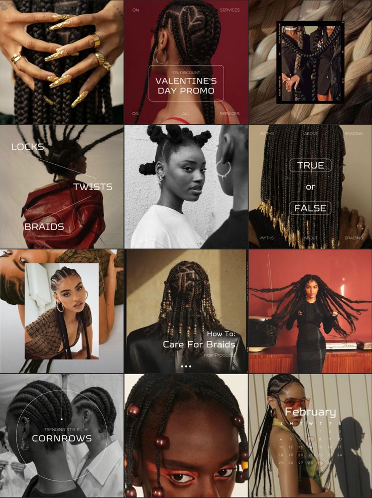 Instagram visual feed for hair braiding salon with infographic and text, Creative visual grid, vibrant and colorful, trending aesthetic Instagram, red, grey, gold, braids, fashion, style, posts design, infographic, beauty, SMM, social media temple Instagram Grid Beauty, Hair Braiding Aesthetic, Hair Brand Instagram Feed, Hair Salon Social Media Design, Braider Instagram Content, Hair Salon Instagram Post Ideas, Social Media Hair Stylist, Hair Feed Instagram, Braiding Aesthetic