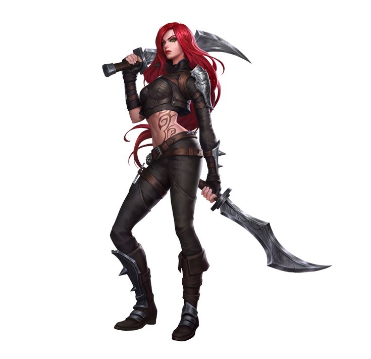 a woman with red hair and black clothes holding two large swords in her hands, while standing