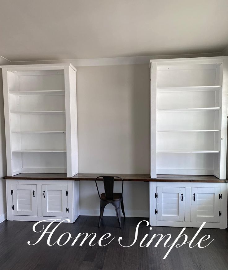 some white cabinets and chairs in a room with wood flooring that says home simple