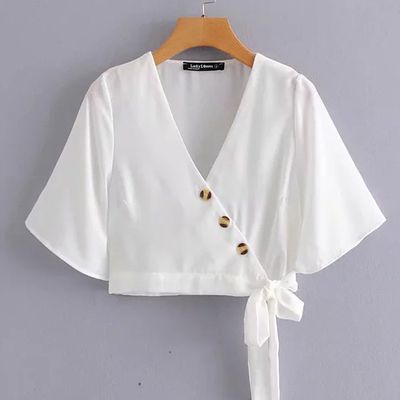 90 Shoulder, Cotton Blouse Design, Tie Waist Shirt, Fashion Tops Blouse, Trendy Fashion Tops, Trendy Blouses, Trendy Blouse Designs, Crop Top Outfits, Designs For Dresses