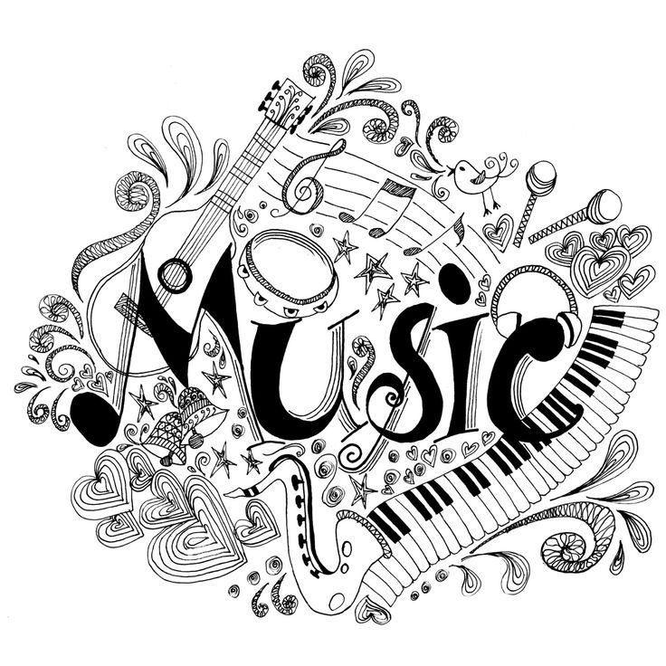 the word music surrounded by musical instruments and other things in doodle style on a white background